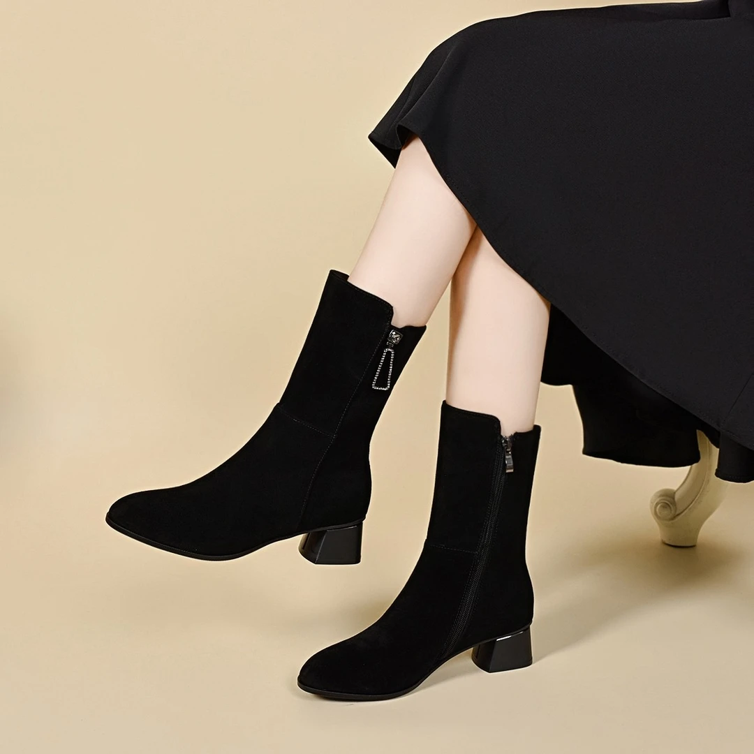 真皮中长磨砂靴子女中筒靴2025新款中跟秋冬季加绒翻毛皮高跟女靴