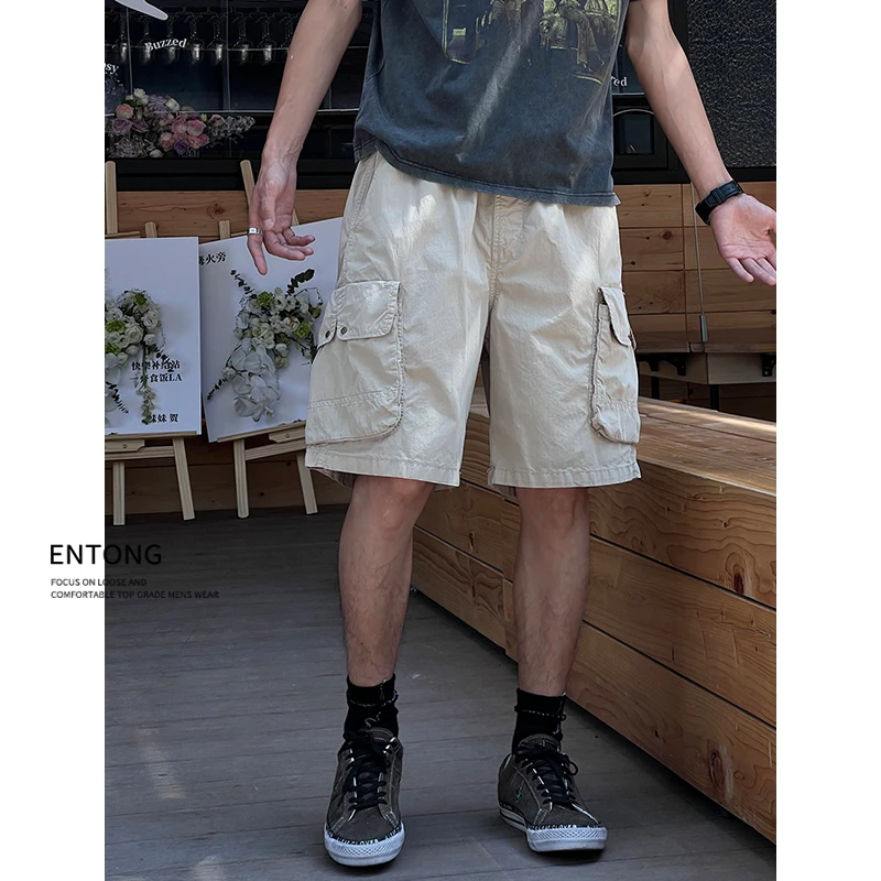 Entong美式复古工装短裤男多口袋潮牌直筒中裤休闲运动宽松五分裤