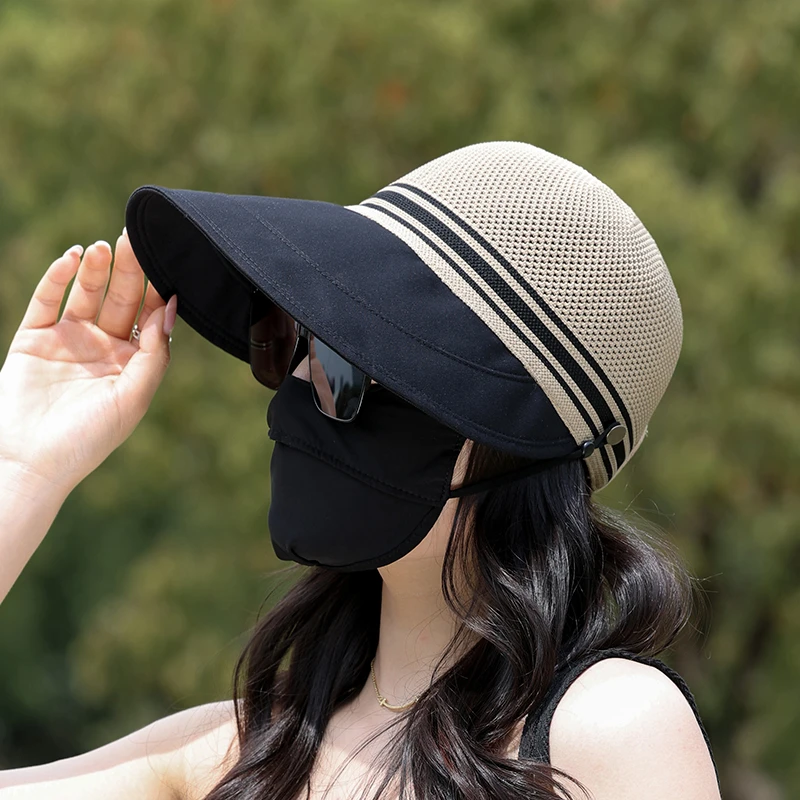 女士条纹防晒帽女夏季大檐镂空透气遮阳帽可挂口罩骑车太阳鸭舌帽