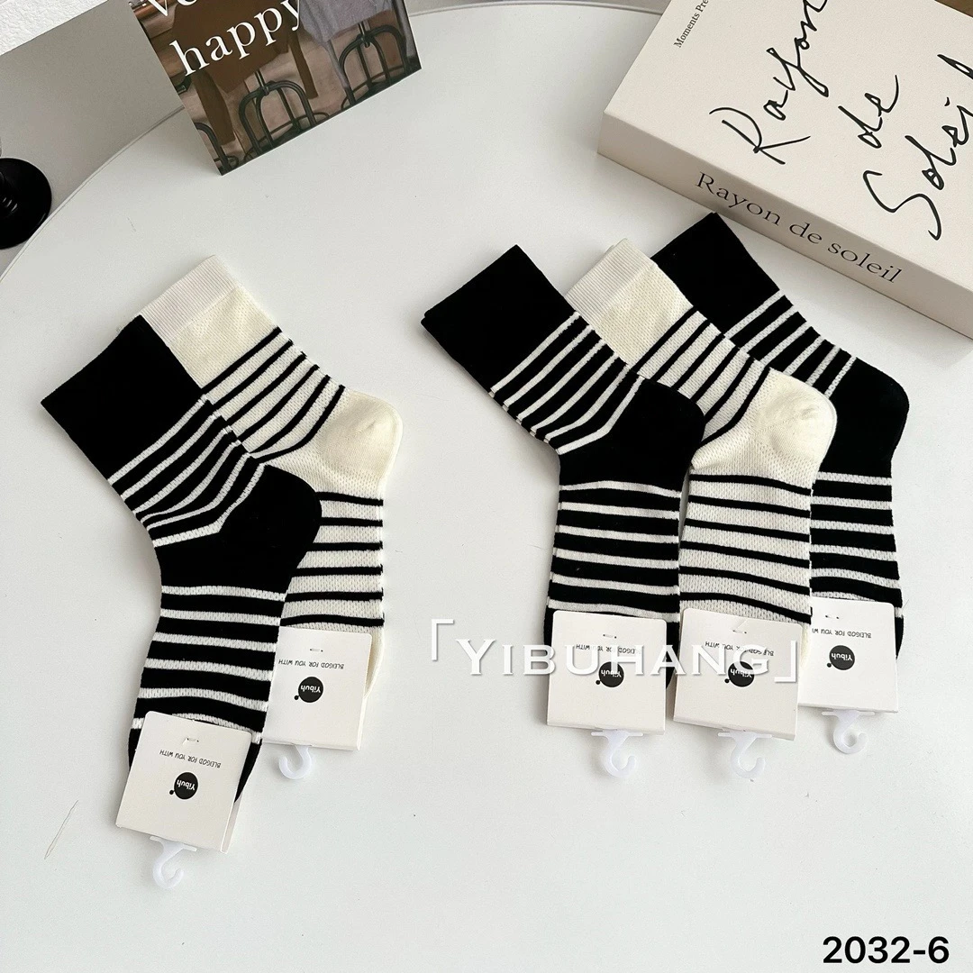 伊步航黑白时尚超薄堆堆袜中筒夏季纯棉网红ins潮外穿条纹5双批发