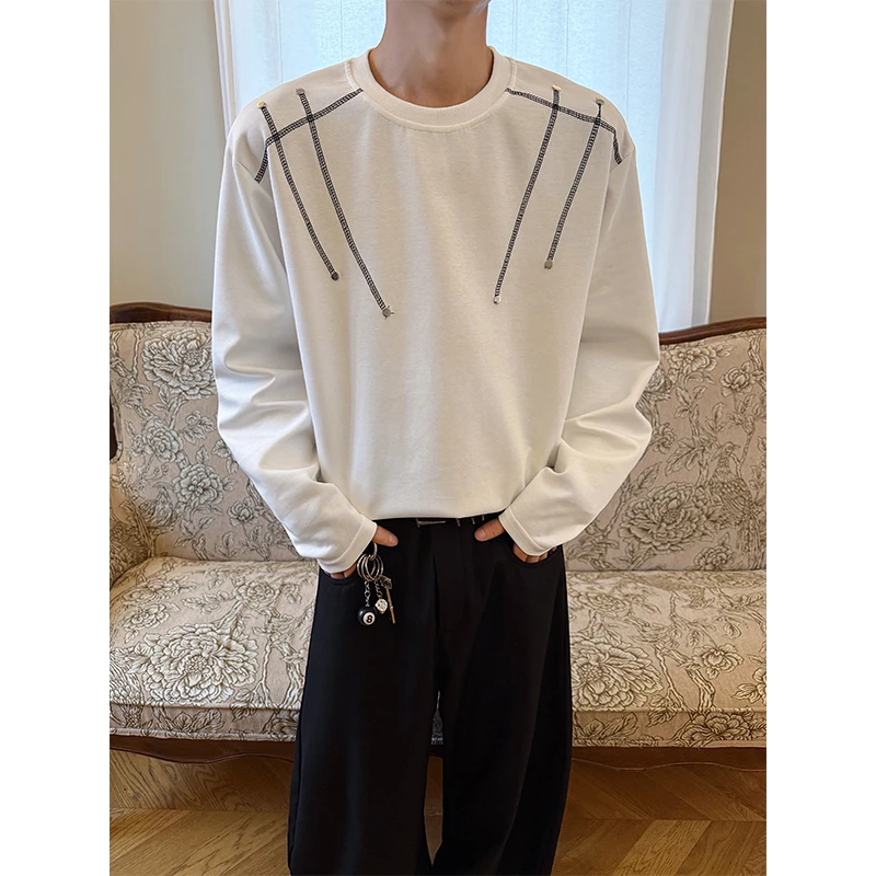 美式高街白色长袖T恤男小众设计感春秋cleanfit高级感打底衫卫衣