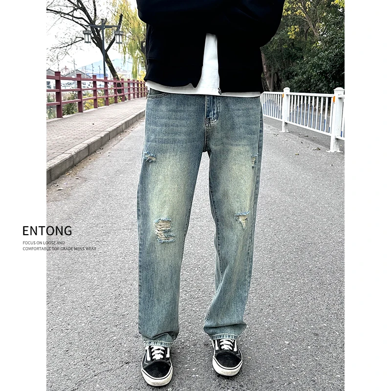 Entong水洗做旧复古蓝破洞牛仔裤男士美式高街vibe宽松直筒长裤潮
