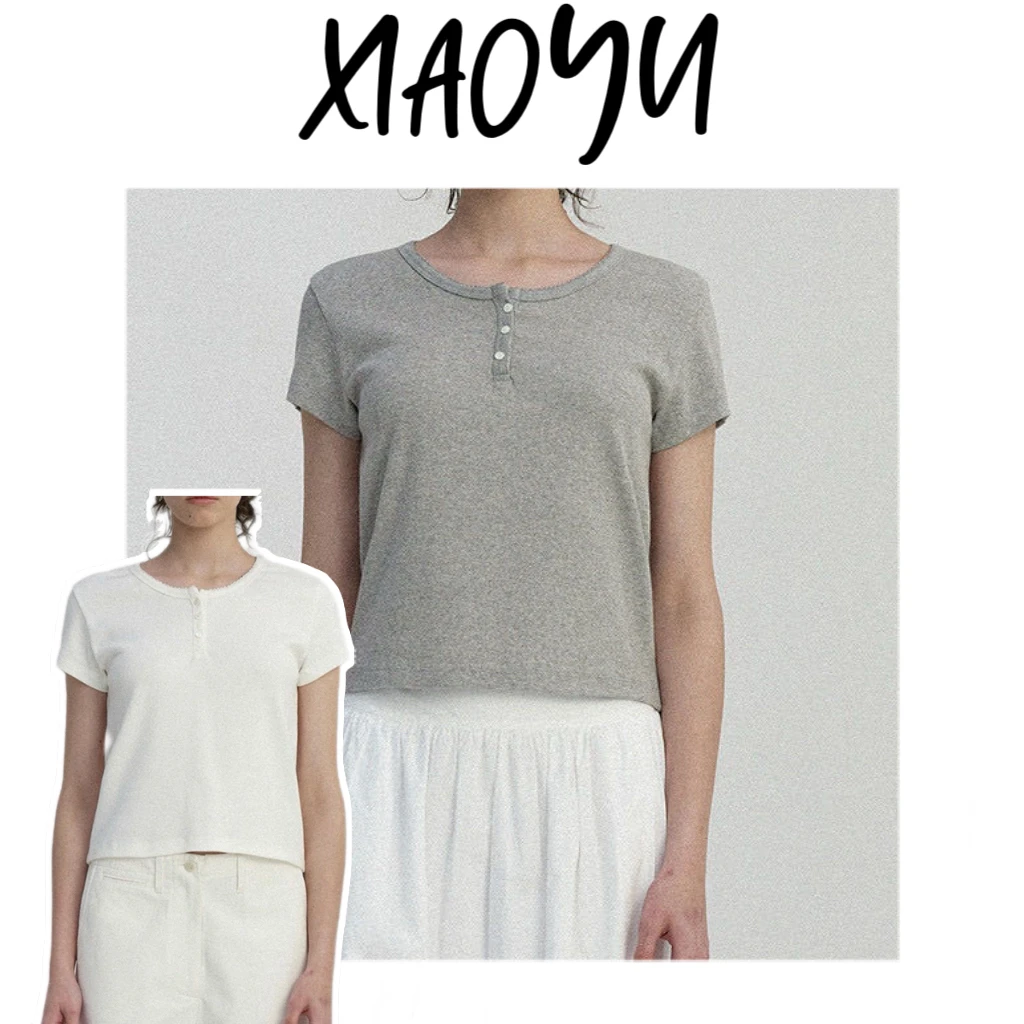 【花边扣子T恤】韩系NW三粒扣短袖T恤显瘦百搭花边领短袖设计款