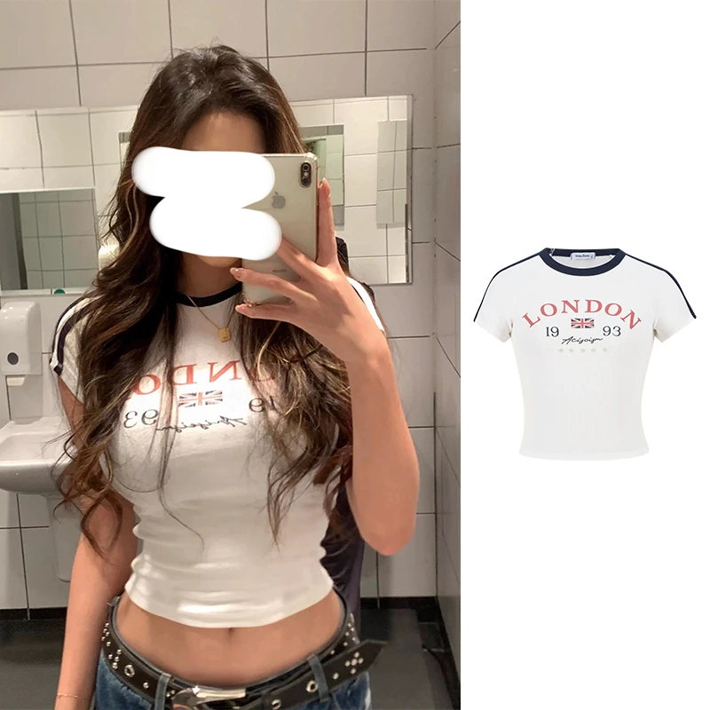 Moses Queen/魔西女王美式复古拼接街头潮流ins修身辣妹上衣短袖