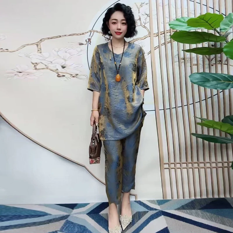 七彩丝光锻两件套夏季新款休闲百搭减龄上衣中长款T恤阔腿裤套装