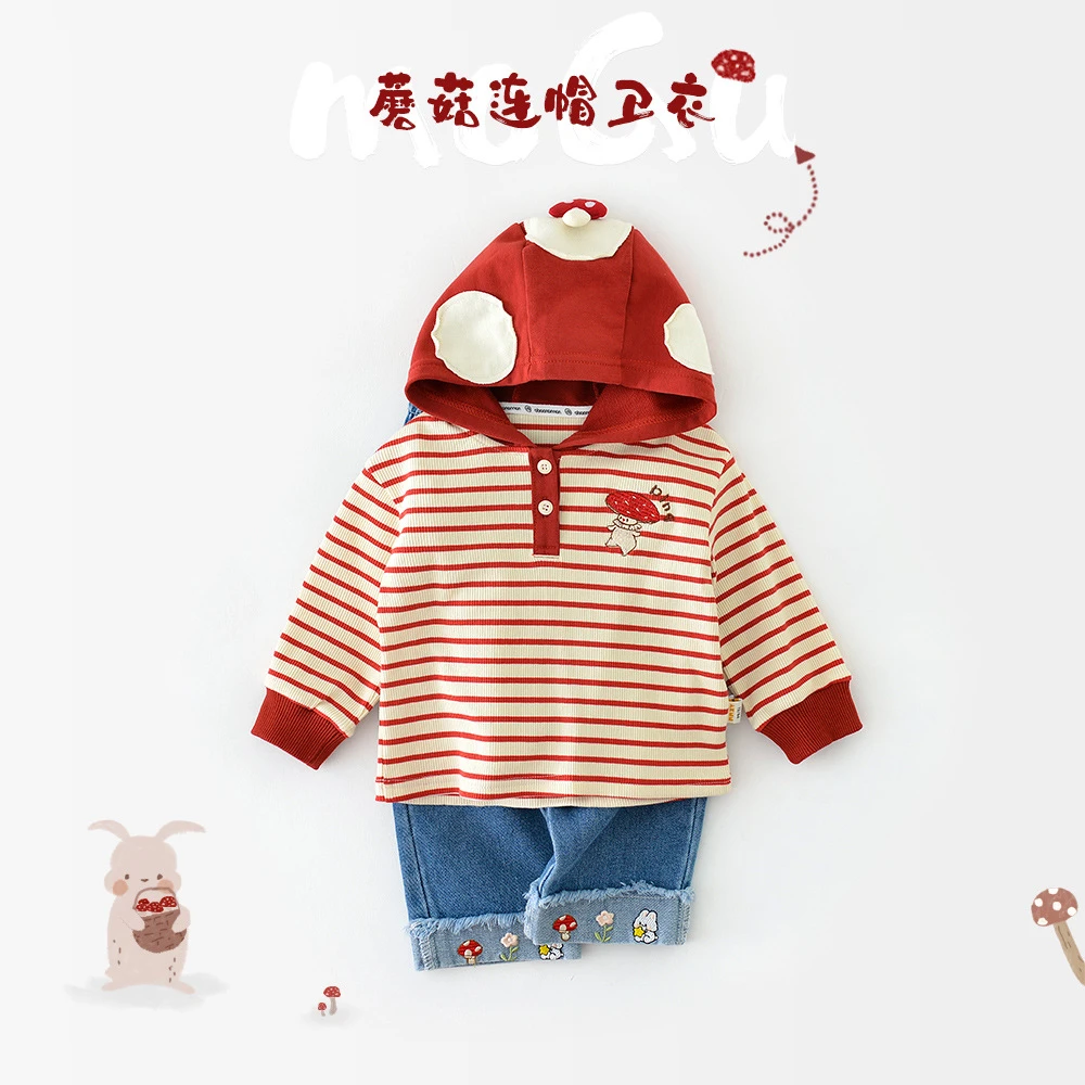 可爱秋季93507小蘑菇T恤宝宝宽松上衣婴儿儿童卡通新款条纹打底衫