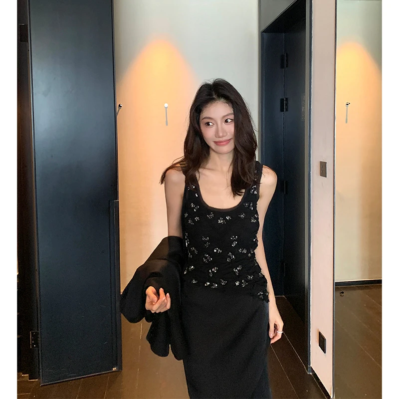 【ALONE SAVOR】龍喜儿熠褶 高级感黑色亮片褶皱吊带背心X542