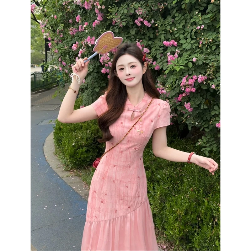 【有里布】新中式晕染爱心旗袍假两件连衣裙D1675