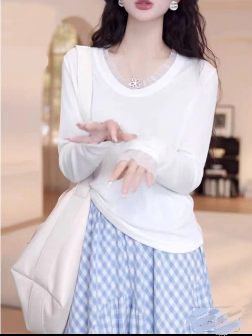 8271秋季新款韩系简约休闲蕾丝拼接圆领时尚气质百搭长袖上衣T恤