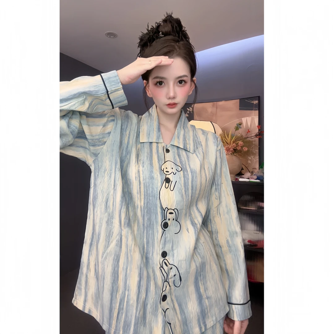 【狗狗派对】小众设计开衫长袖家居服2025秋学生可外穿宽松女士睡衣