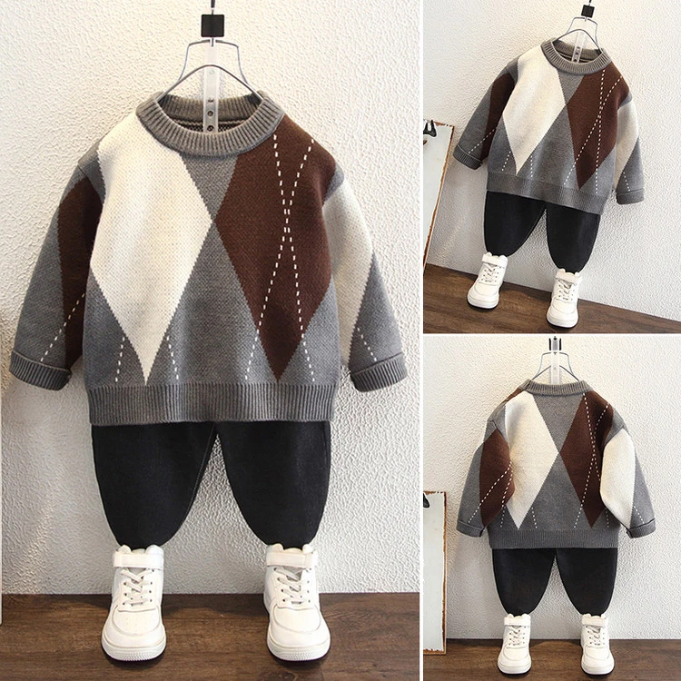 2025新款秋冬儿童时尚几何图案毛衣男女童保暖休闲潮