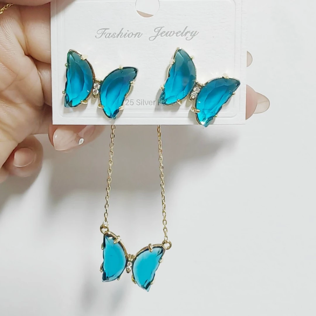 铜合金项链 EH1171纷飞蓝蝴蝶项链耳钉