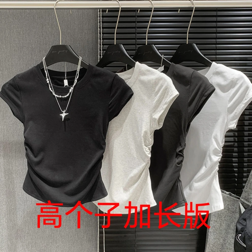 高个子加长版正肩短袖T恤女夏季螺纹棉紧身褶皱显瘦不规则设计感