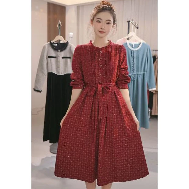 L541气质名媛连衣裙2025新春款女装高贵减龄显瘦长袖连衣裙