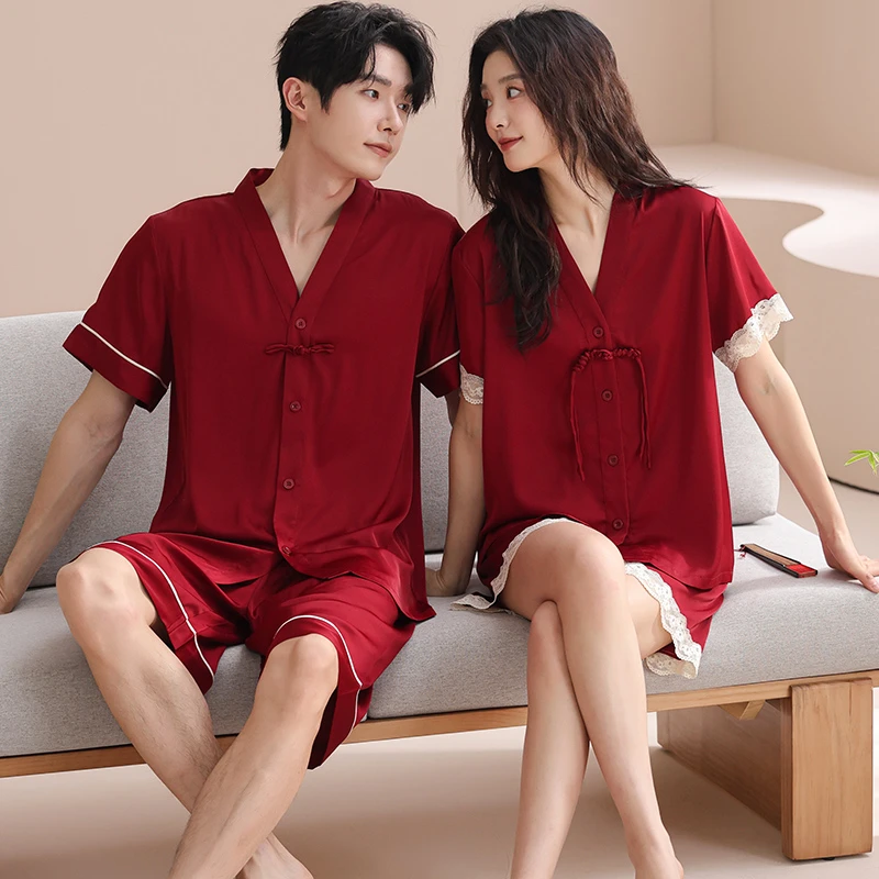 【礼盒装】情侣睡衣夏季冰丝短袖新婚结婚大红凉感家居服套装本命年