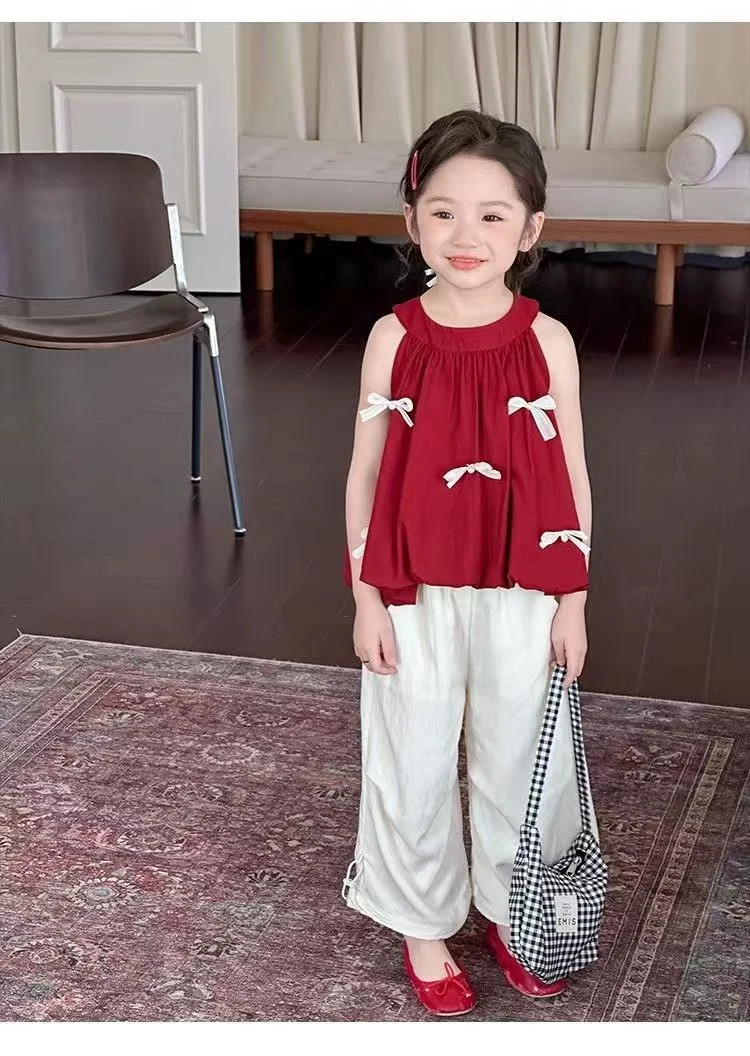 女童套装2025夏季新款儿童时髦红色蝴蝶结花苞吊带衫休闲裤两件套