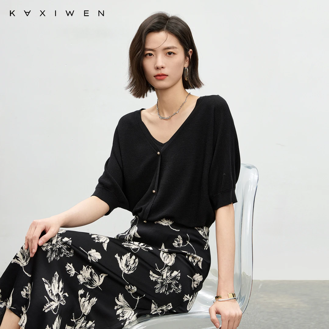 佧茜文气质短袖蝙蝠针织衫【夏新】时尚慵懒宽松V领上衣X04BZN2514