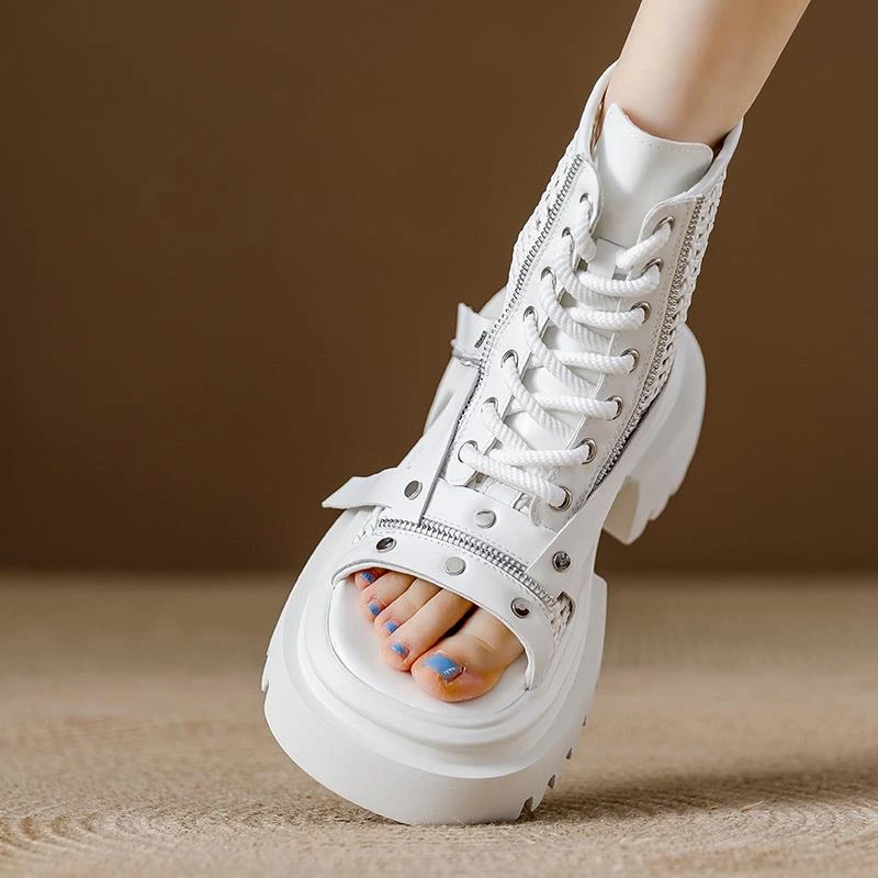 真皮软底马丁靴女夏季镂空短靴2025新款厚底女鞋爆款休闲编织靴子