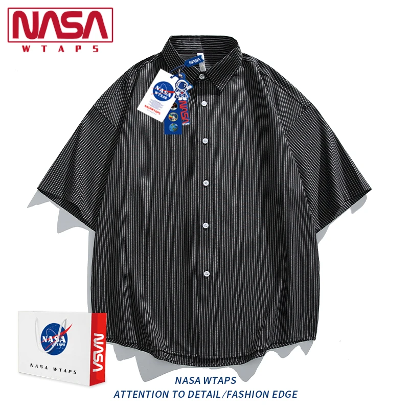 NASA WTAPS潮牌竖条纹短袖衬衫男款夏季宽松透气休闲衬衣外套男装