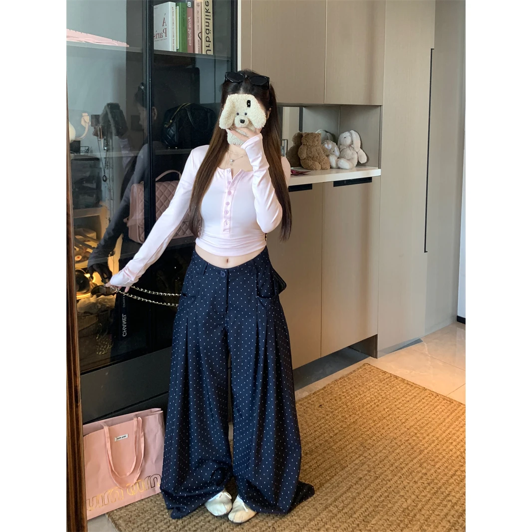 粉色长袖小众半开领短款T恤女秋季宽松波点休闲裤长裤甜辣两件套