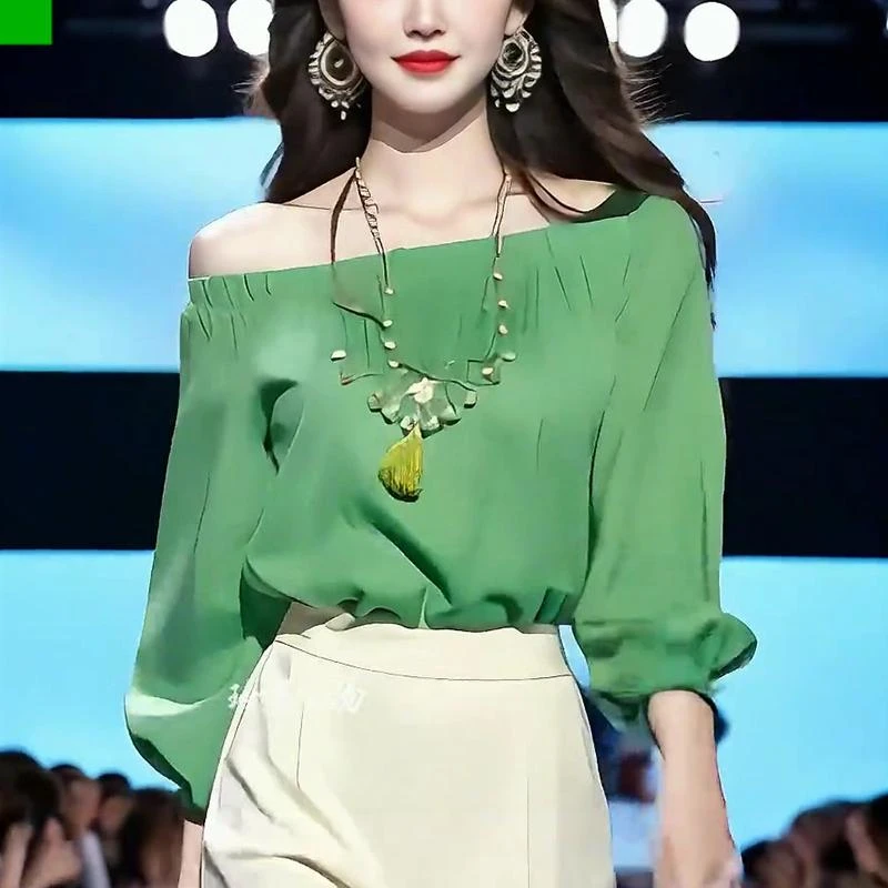 法式复古绿色一字肩长袖雪纺衬衫2025新款春夏超好看独特别致上衣