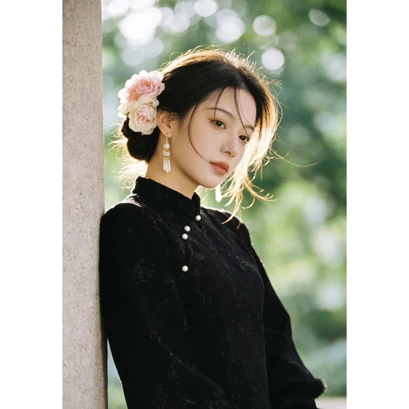 1462 【墨香】 黑色 双袖 条纹 白珠珠扣 旗袍