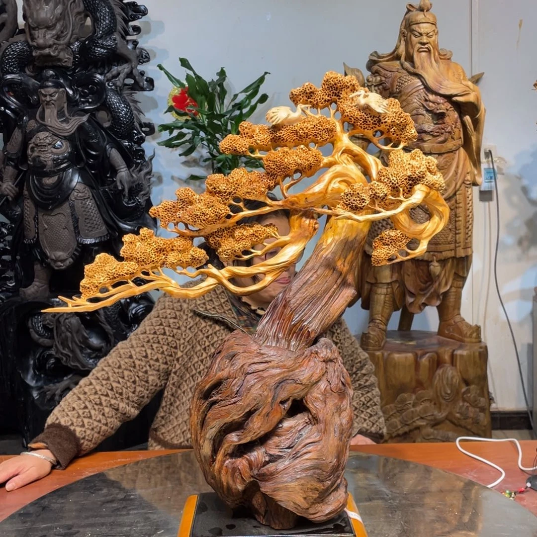 香榧木崖柏迎客松摆件