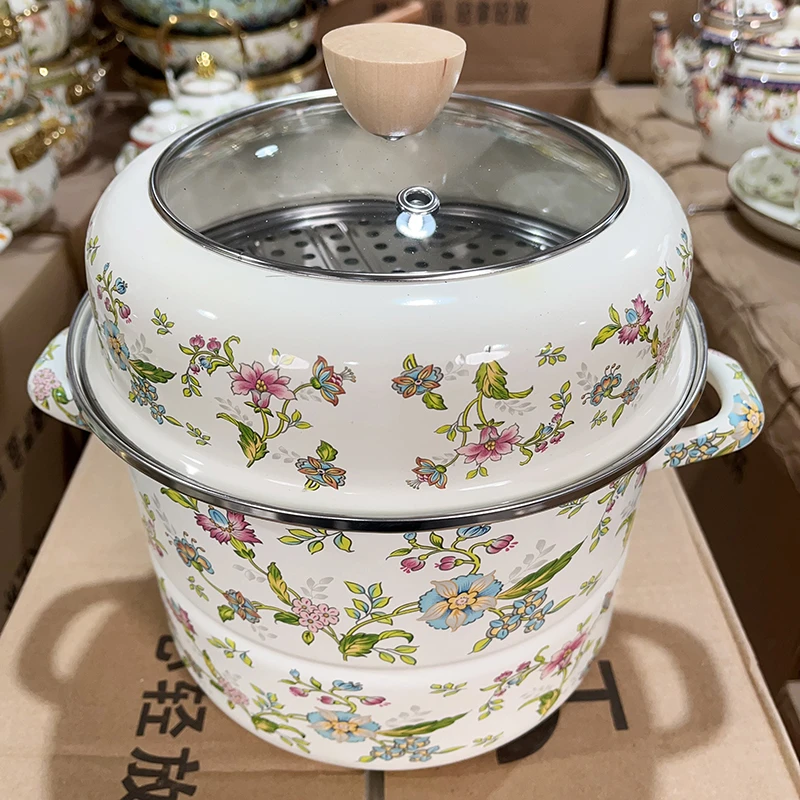 24cm蒸锅芳香珐琅搪瓷双层蒸锅家用陶瓷复底大容量加厚双料炖汤锅