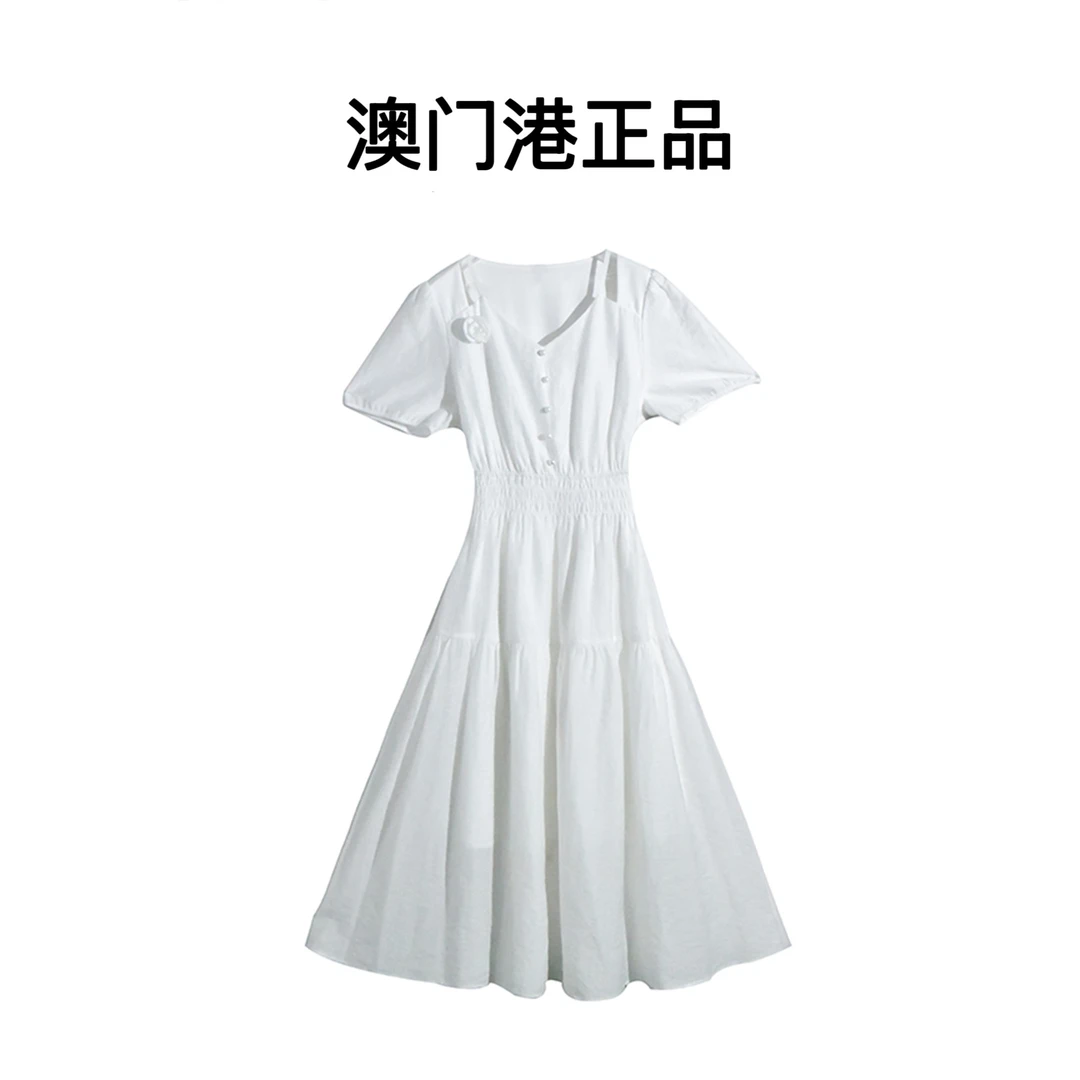 澳门港正品夏季重工连衣裙法式纯色时尚拉链白色设计感#L-8454