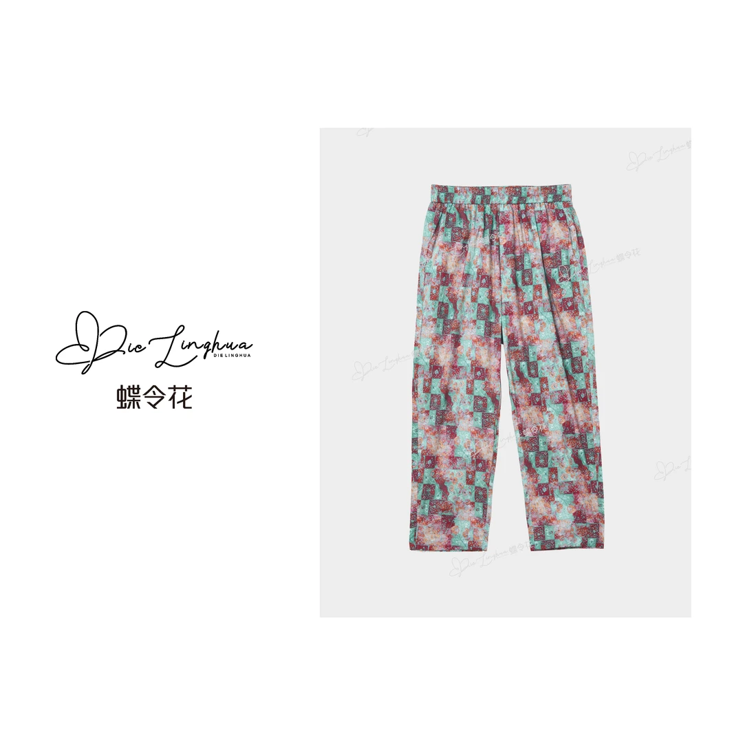 蝶令花夏季薄款碎花宽松休闲潮流时尚个性松紧腰八分裤252218