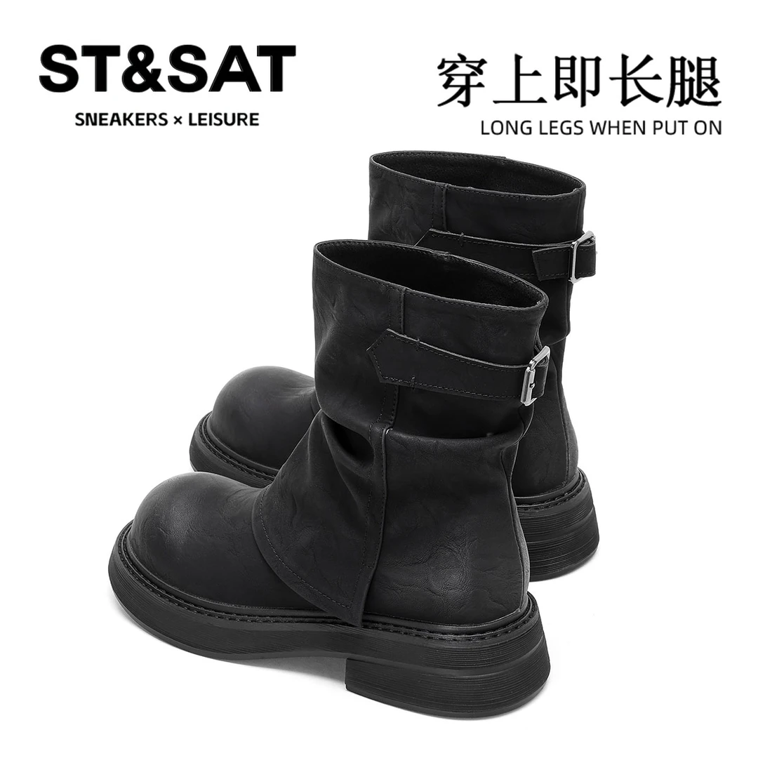 星期六黑色舒适潮流短靴女士2025款轻质英伦风增高高颜值堆堆短靴