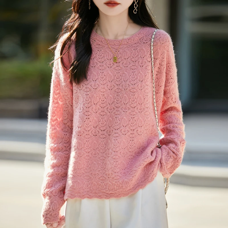 法式镂空钩花~100纯羊毛衫加厚钩花圆领女百搭时尚针织打底衫