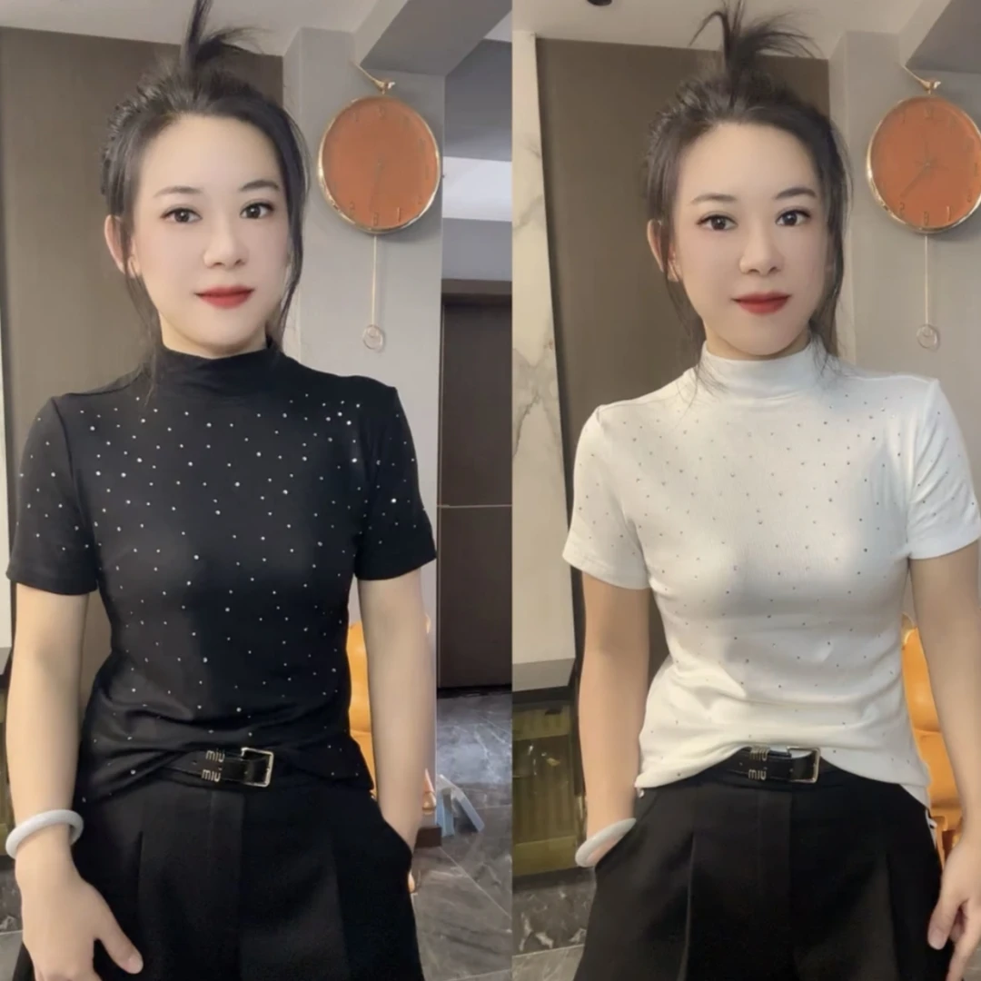 半高领短袖烫钻磨毛T恤女韩版潮流网红修身显瘦百搭秋冬打底上衣