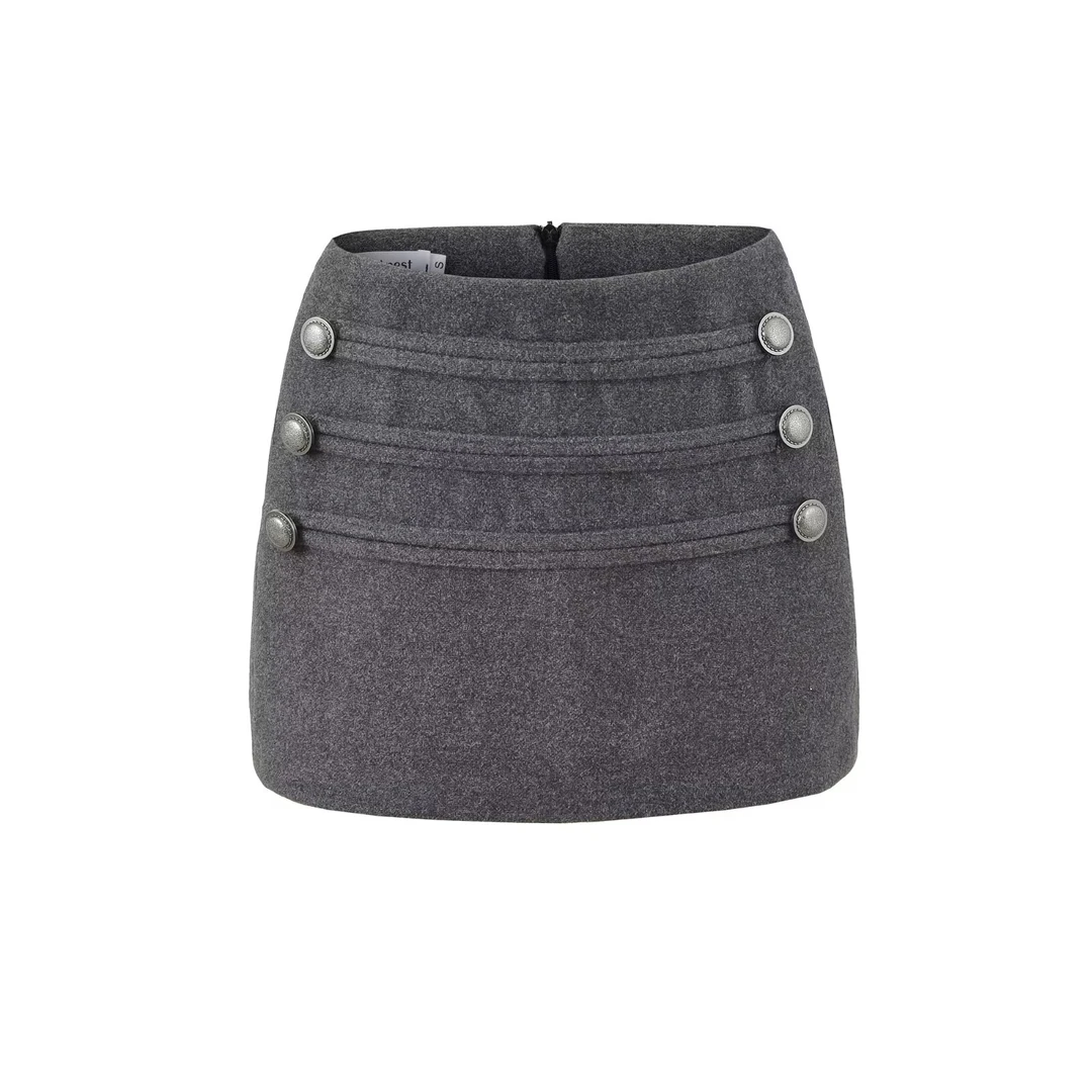 1612灰色双排扣半身裙女秋冬新款甜辣妹修身显瘦金属扣饰包臀短裙