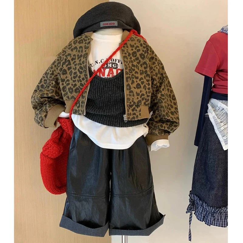 韩系穿搭女童外套秋装2025新款洋气时髦炸街女孩豹纹夹克网红上衣