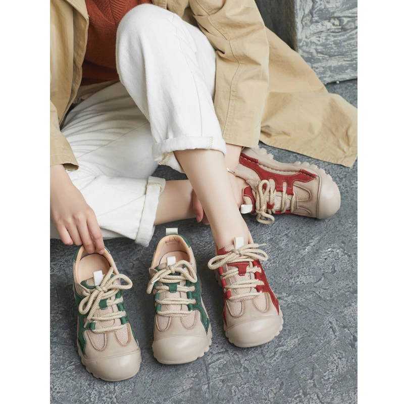 2025春季新款英伦风真皮手工圆头拼色系带平跟单鞋休闲鞋登山轻便