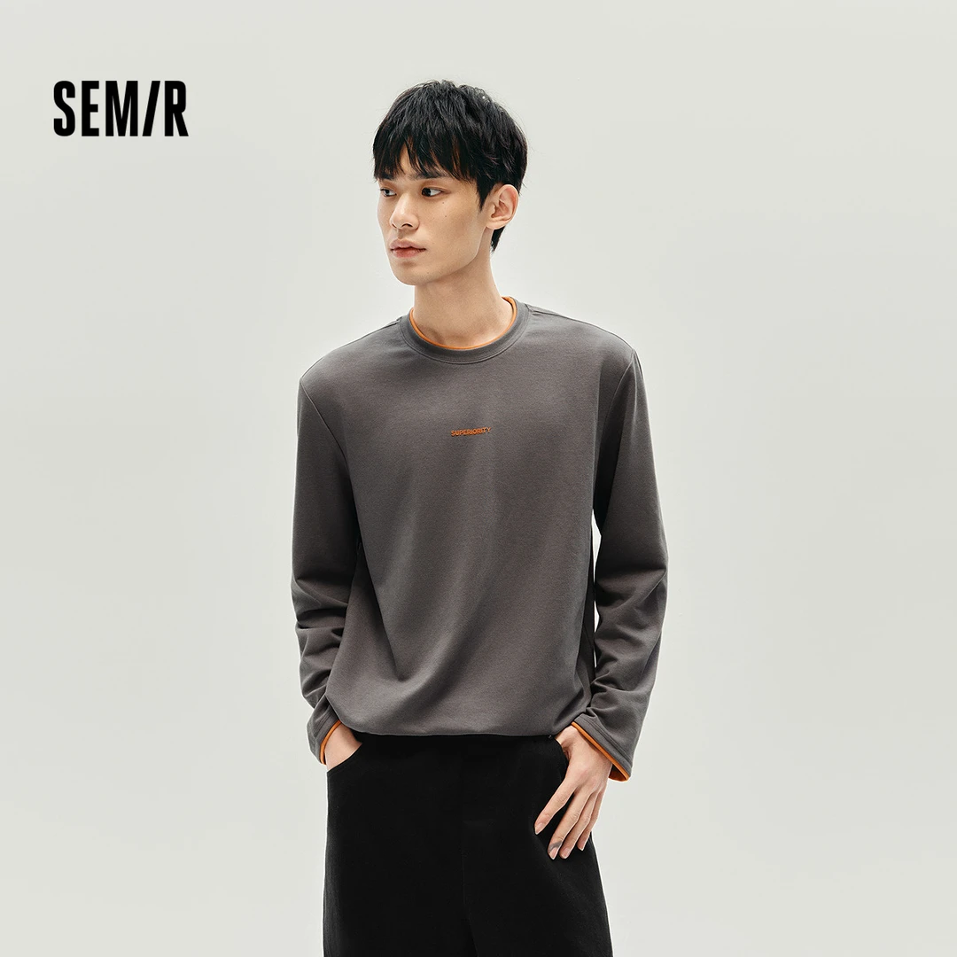 森马长袖T恤男秋季撞色印花内搭宽松打底衫2025新款上衣圆领休闲