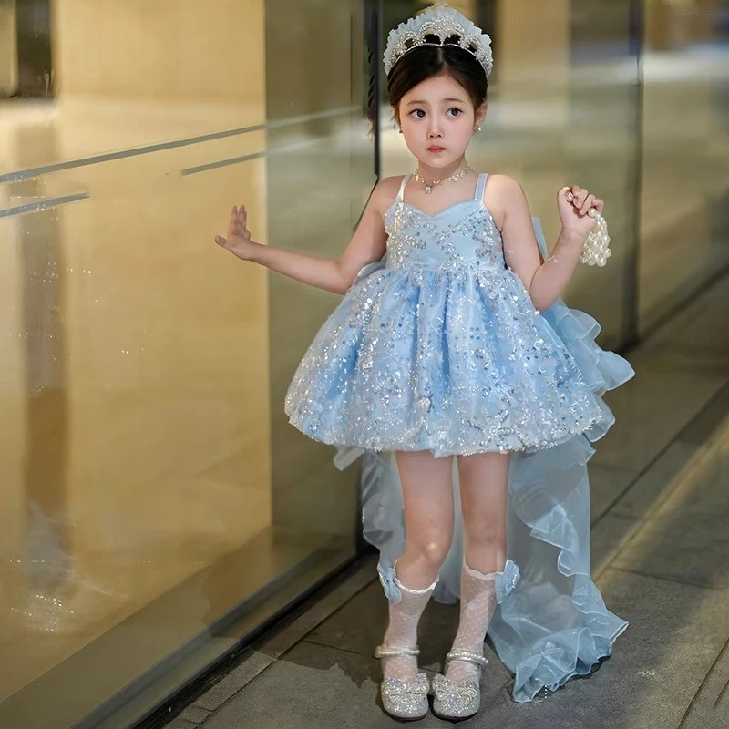女小童冰雪奇缘爱纱公主裙夏季重工洛丽塔拖尾礼服六一主持表演裙