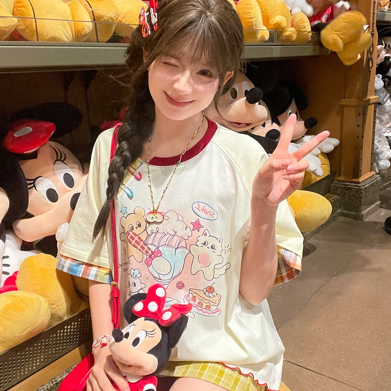 森女部落多巴胺撞色T恤女宽松童趣印花减龄设计感上衣夏季新品