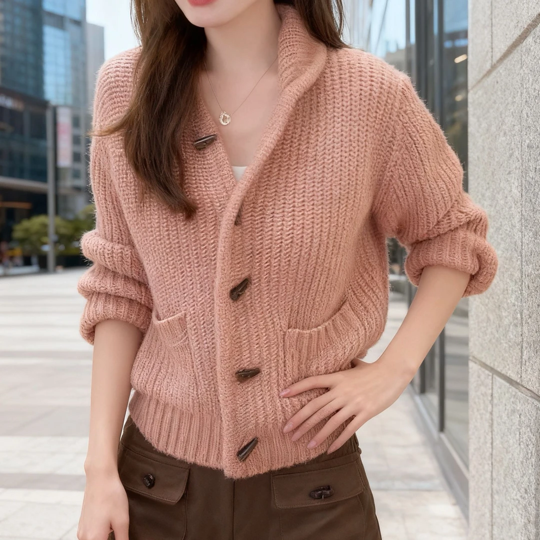 时尚设计感牛角扣毛衣女2025秋冬新款百搭洋气毛衫减龄长袖针织衫