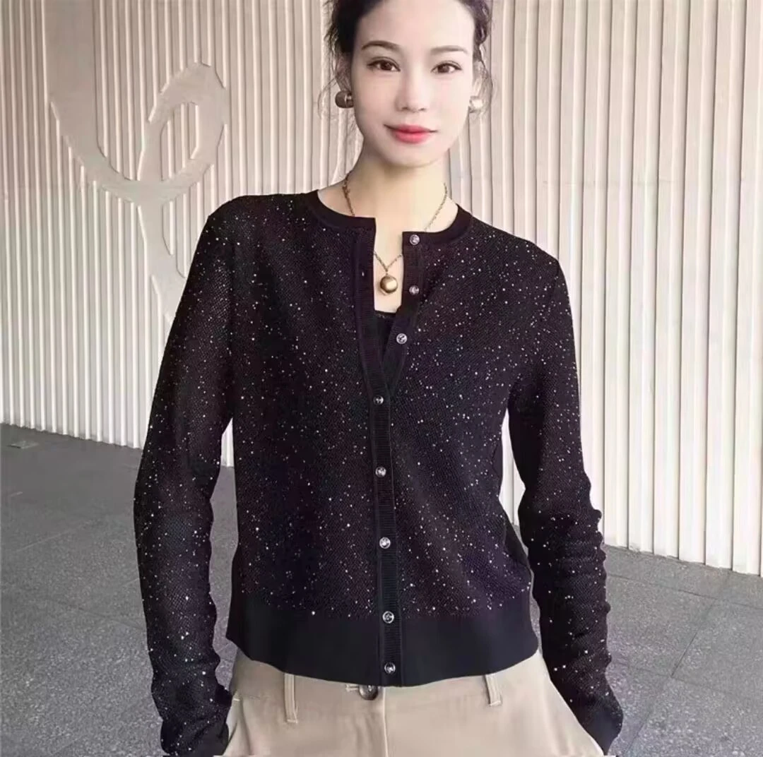 【商场同款】圆领亮片开衫百搭显瘦小香风镂空细闪针织上衣女548003