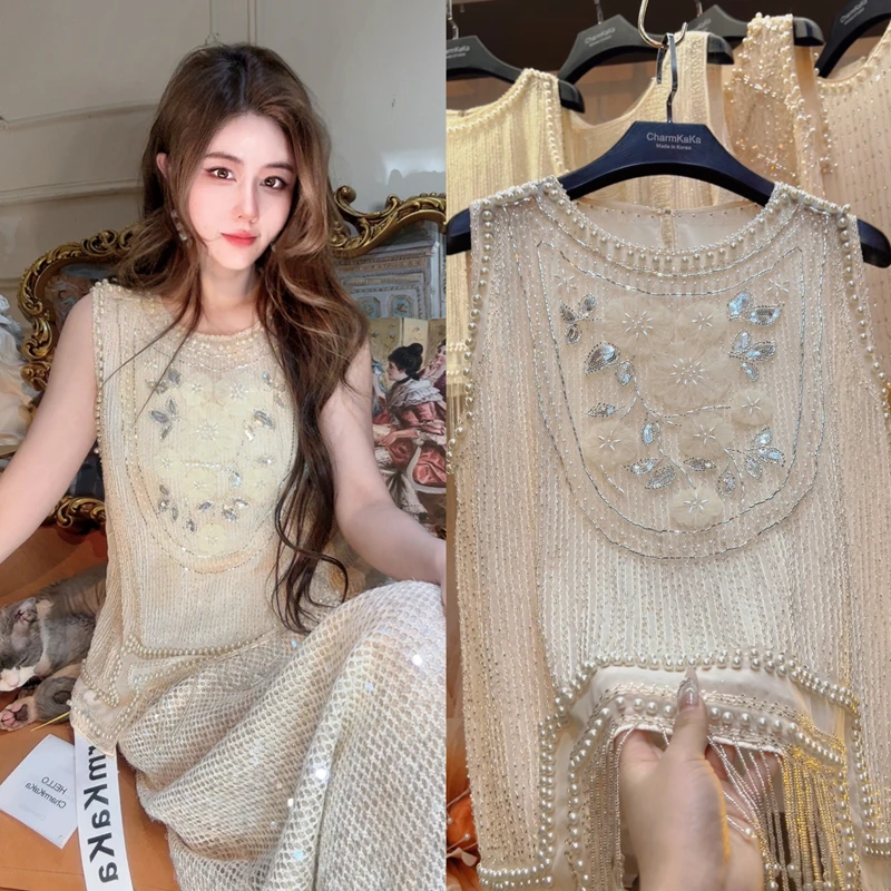 【罗曼蒂克】62540重工珍珠立体花朵流苏背心