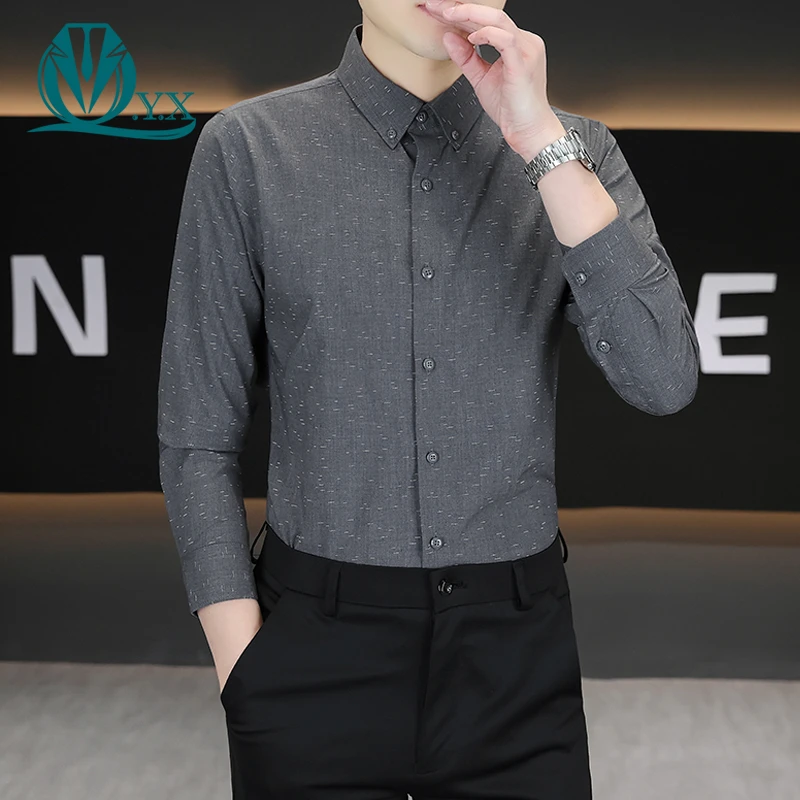 灰色衬衫男商务休闲春秋季男士长袖衬衣中青年高端男装印花寸衫潮