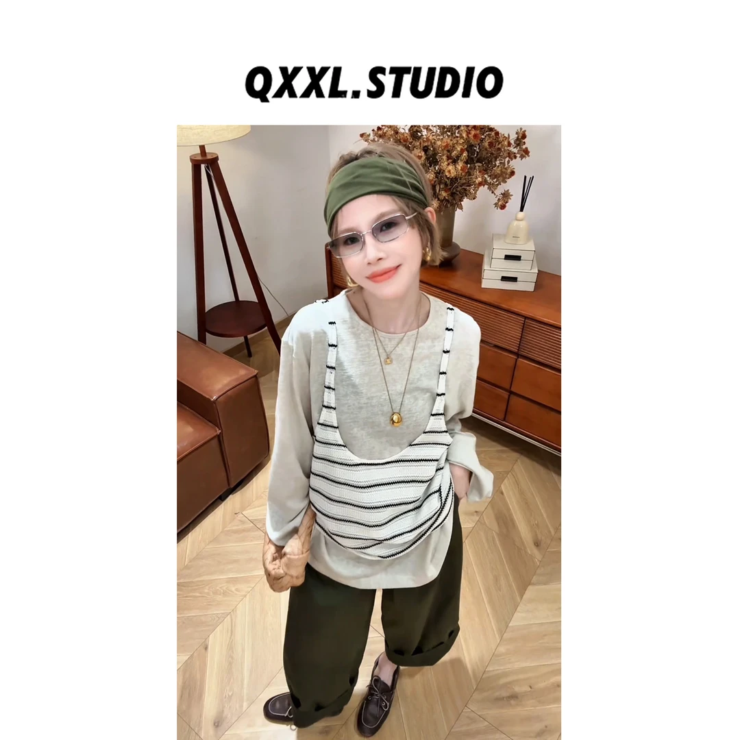 邱小小丽呀 早秋复古慵懒条纹针织背心女宽松休闲时尚外穿上衣