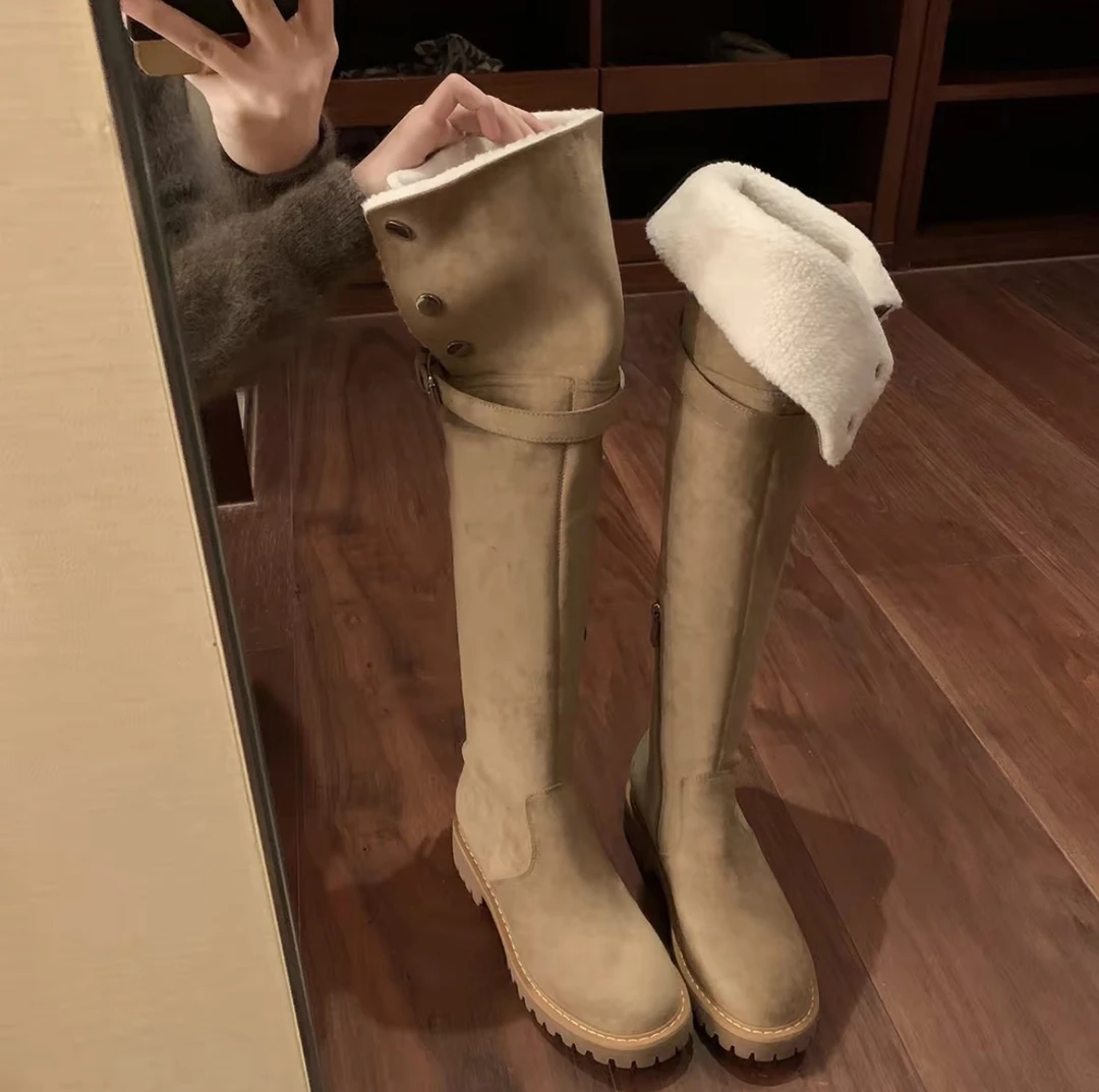 【桃气妮妮】毛绒过膝雪地靴女2025秋冬新款复古长筒显瘦厚底骑士靴