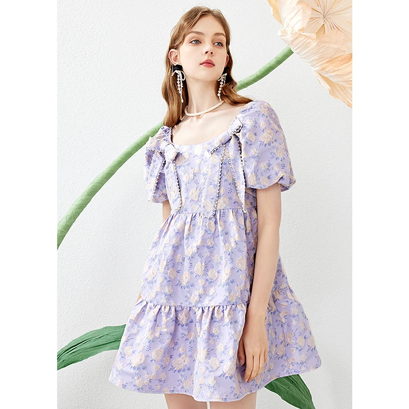 missCOCOON拼接裙子夏新款女装法式方领泡泡袖显瘦气质连衣裙