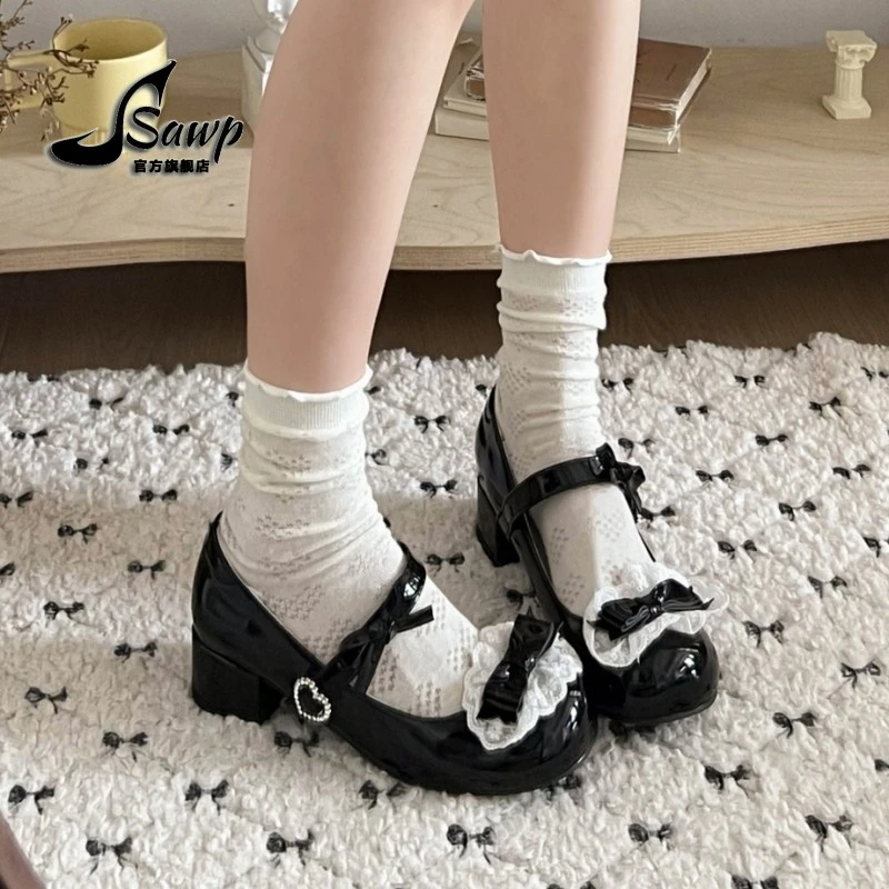 圆头复古法式粗跟珍女鞋2025新款配裙子蝴蝶结罗莉塔单鞋白色百搭