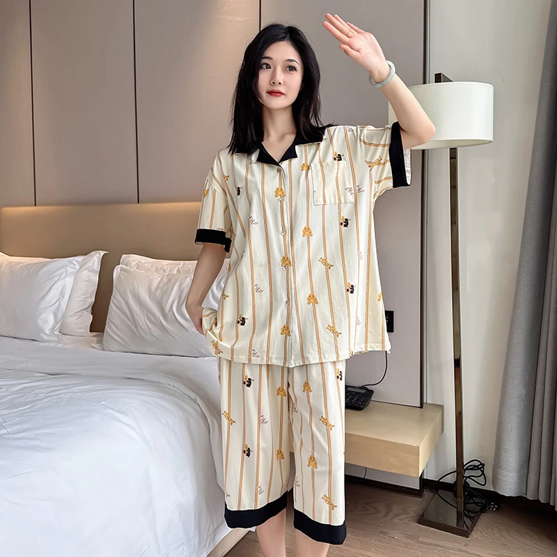 夏季大码情侣睡衣短袖五分裤薄款宽松家居服套装卡通印花睡衣