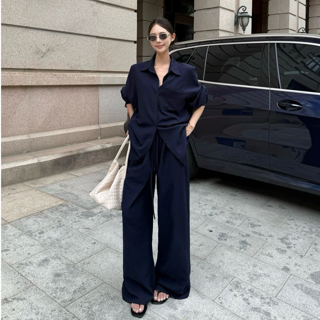 小众时尚衬衫套装高腰系带阔腿裤休闲裤简约慵懒老钱风衬衫开衫