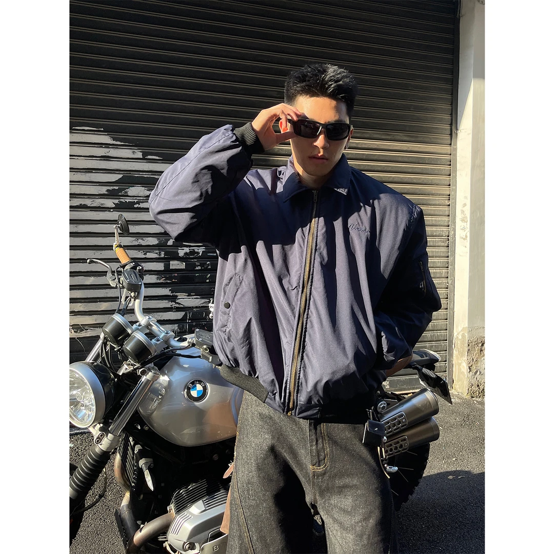 MASONSOUL 复古美式藏青色翻领飞行夹克棉服Bomber男MA-1短宽外套